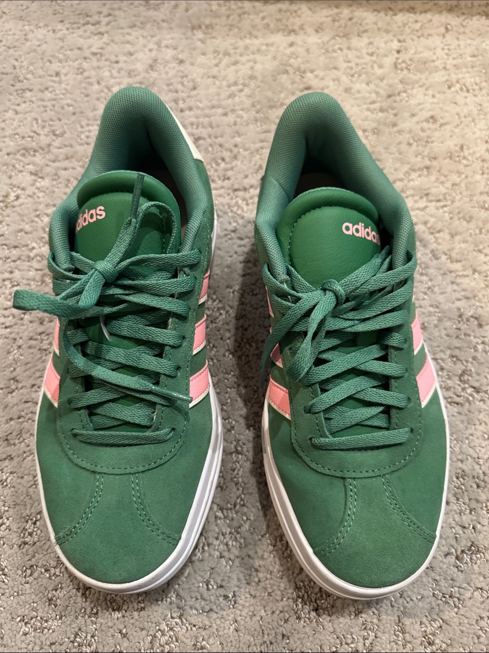 adidas Green Suede Sneakers with Pink Stripes